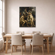 Gallery-wrapped canvas print of Peter Paul Rubens' 'The Fall of Man' displayed on a wall in a dining room