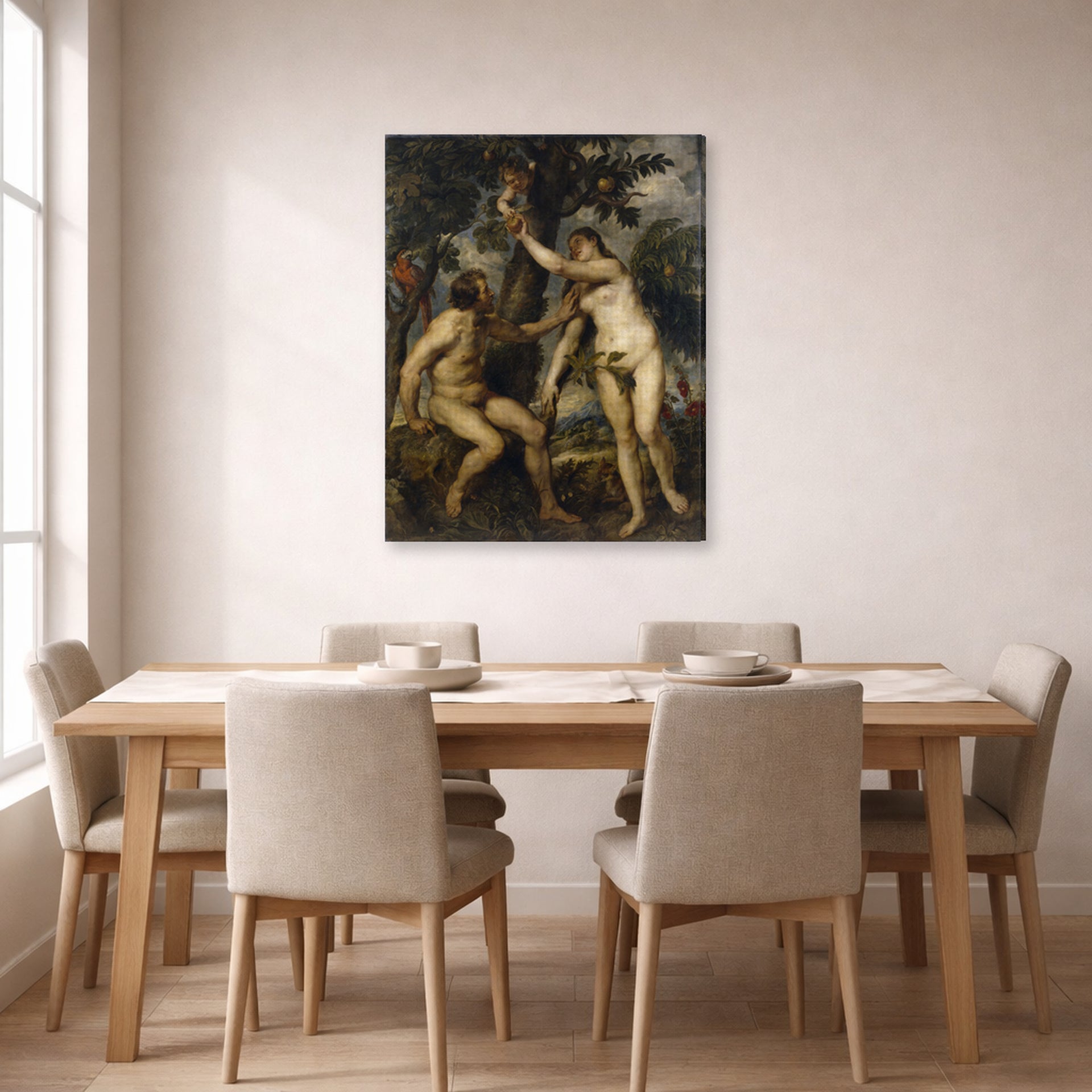 Gallery-wrapped canvas print of Peter Paul Rubens' 'The Fall of Man' displayed on a wall in a dining room