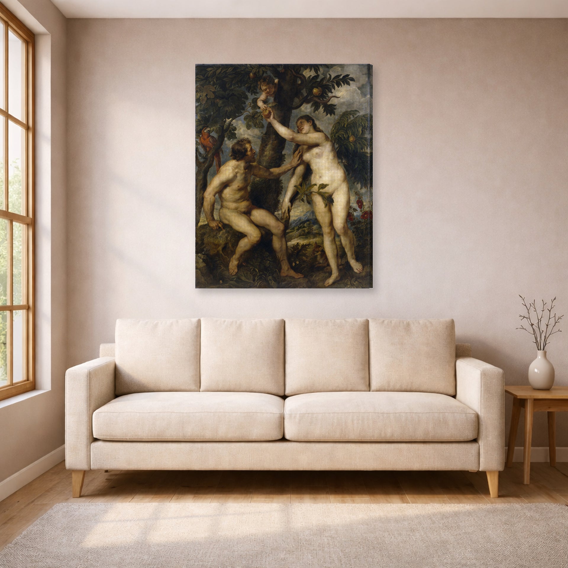 Gallery-wrapped canvas print of Peter Paul Rubens' 'The Fall of Man' displayed on a wall in a living room (image 1 of 2)