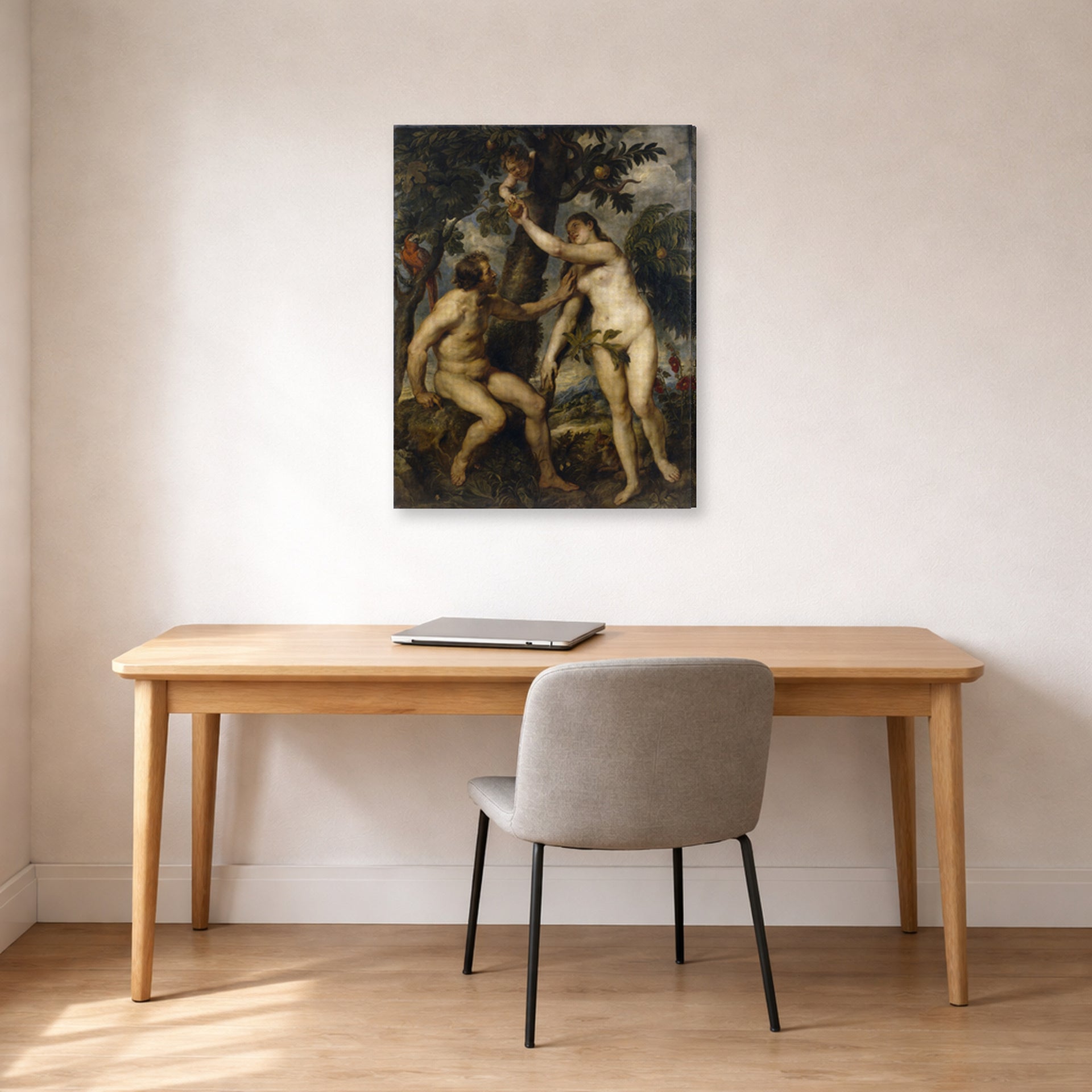 Gallery-wrapped canvas print of Peter Paul Rubens' 'The Fall of Man' displayed on a wall in an office