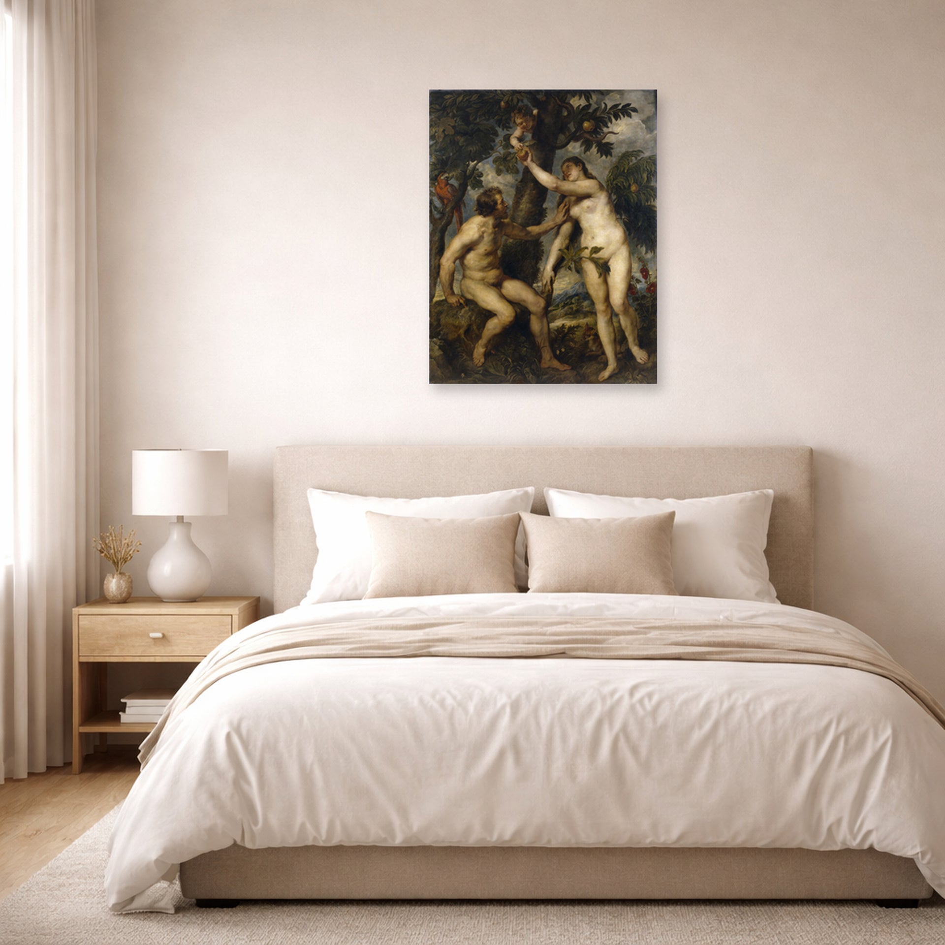 Unframed poster print of Peter Paul Rubens' 'The Fall of Man' displayed on a wall in a bedroom