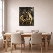 Unframed poster print of Peter Paul Rubens' 'The Fall of Man' displayed on a wall in a dining room