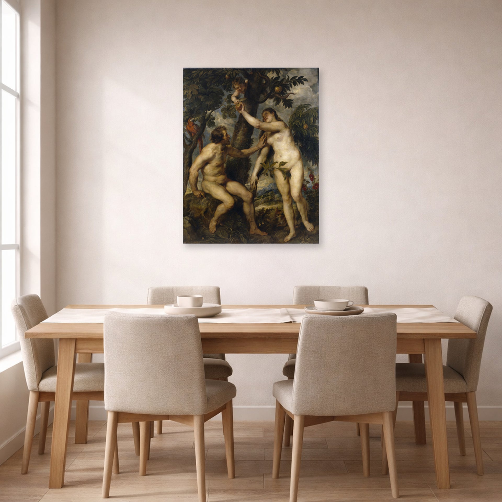 Unframed poster print of Peter Paul Rubens' 'The Fall of Man' displayed on a wall in a dining room