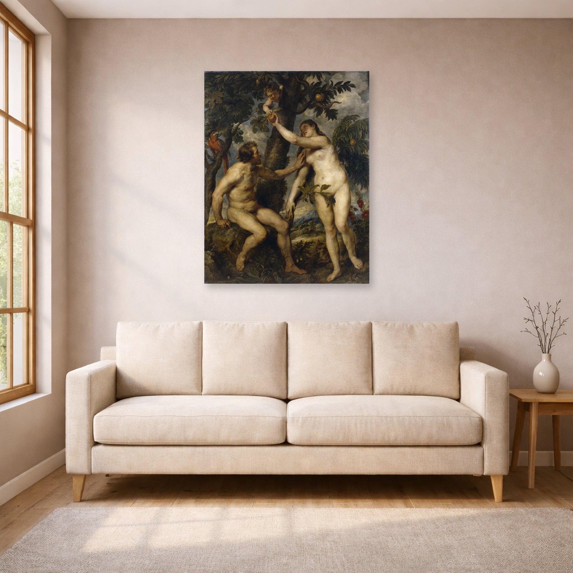 Unframed poster print of Peter Paul Rubens' 'The Fall of Man' displayed on a wall in a living room (image 1 of 2)