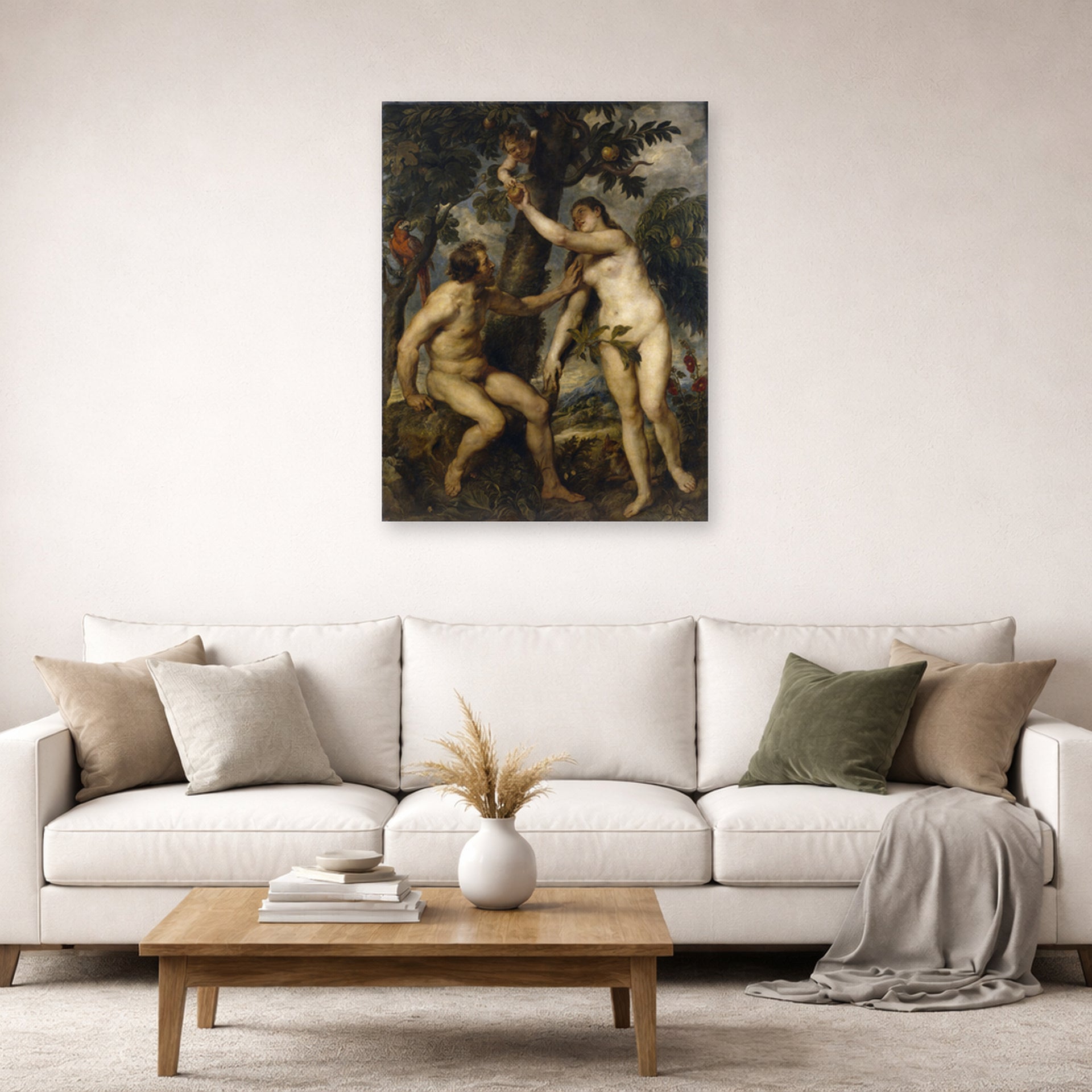 Unframed poster print of Peter Paul Rubens' 'The Fall of Man' displayed on a wall in a living room (image 2 of 2)