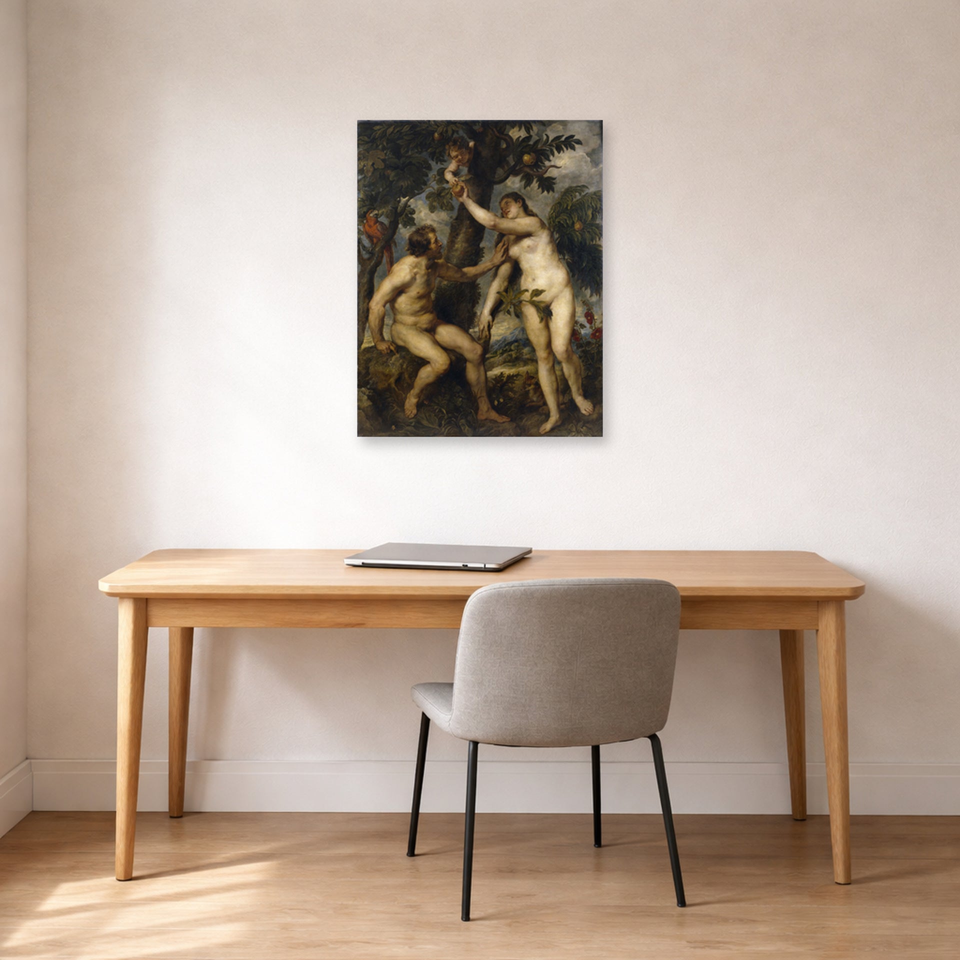 Unframed poster print of Peter Paul Rubens' 'The Fall of Man' displayed on a wall in an office