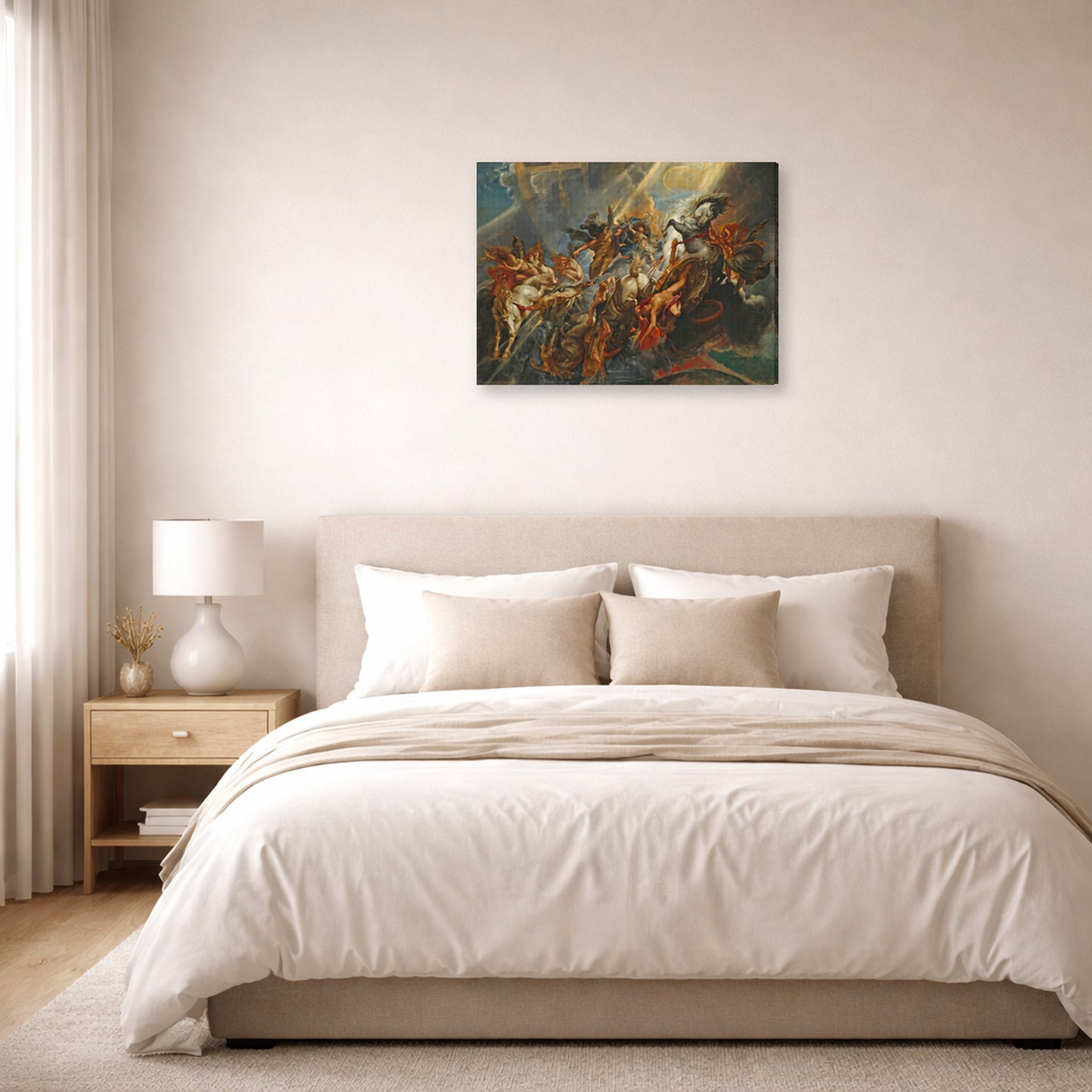 Gallery-wrapped canvas print of Peter Paul Rubens' 'The Fall of Phaeton' displayed on a wall in a bedroom