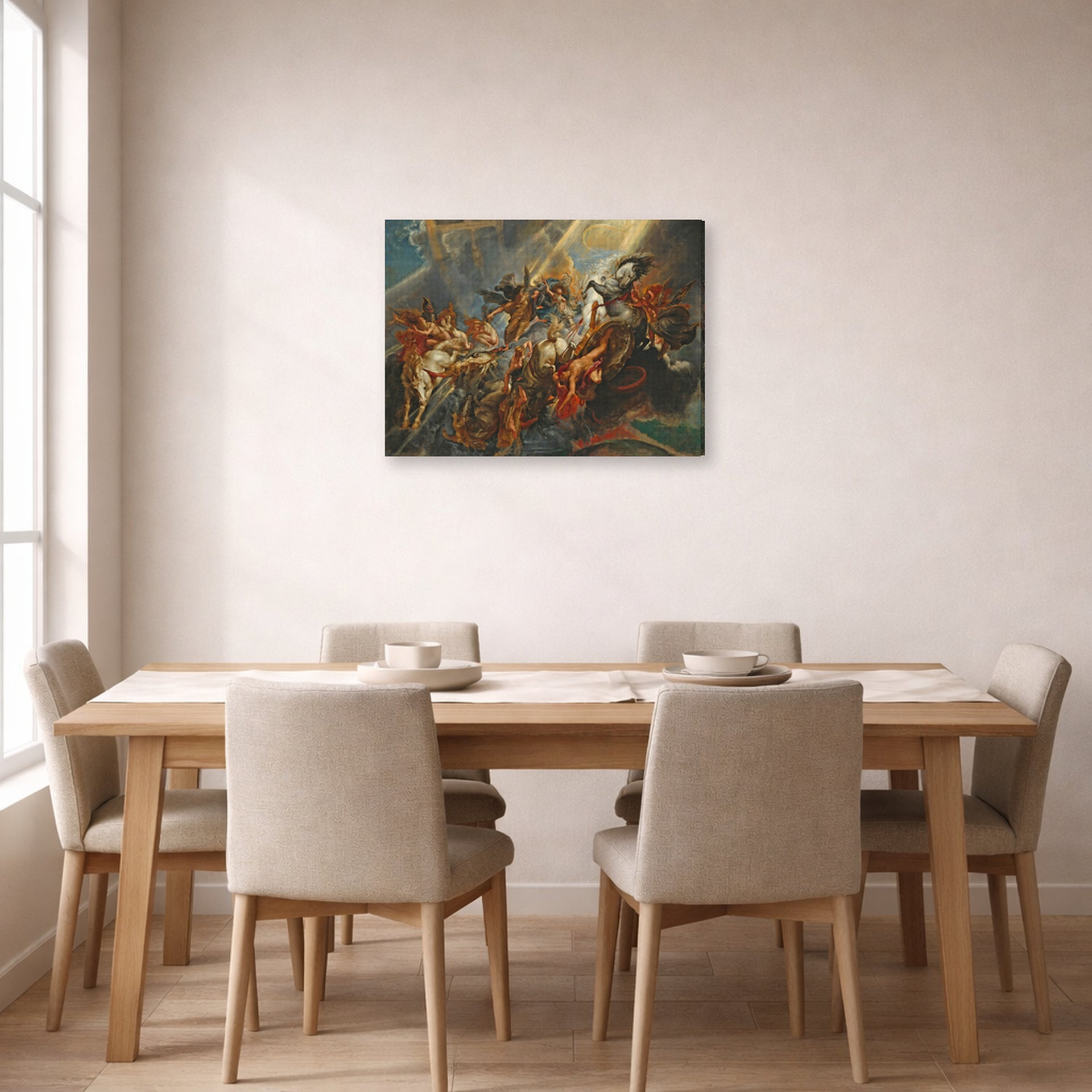 Gallery-wrapped canvas print of Peter Paul Rubens' 'The Fall of Phaeton' displayed on a wall in a dining room