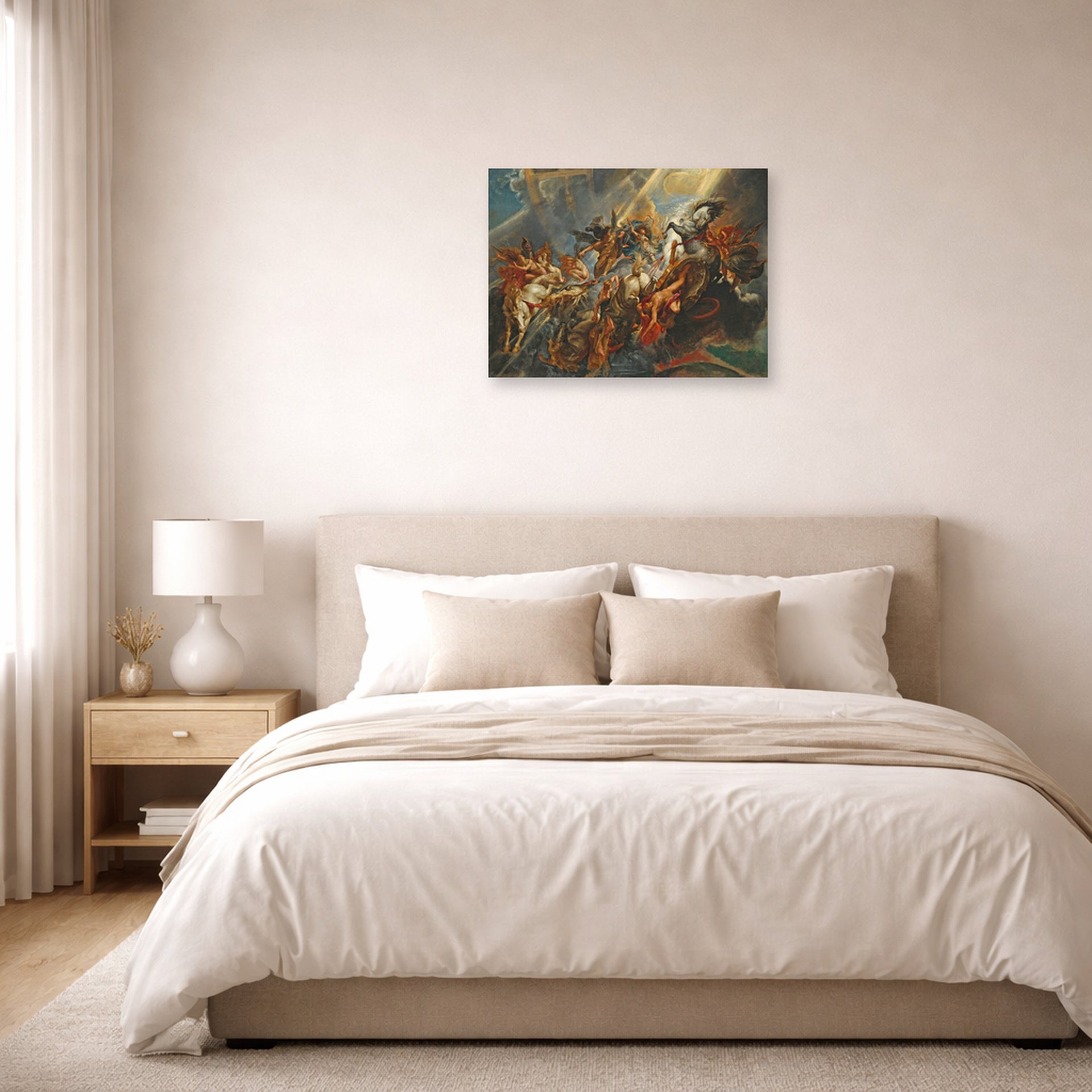 Unframed poster print of Peter Paul Rubens' 'The Fall of Phaeton' displayed on a wall in a bedroom