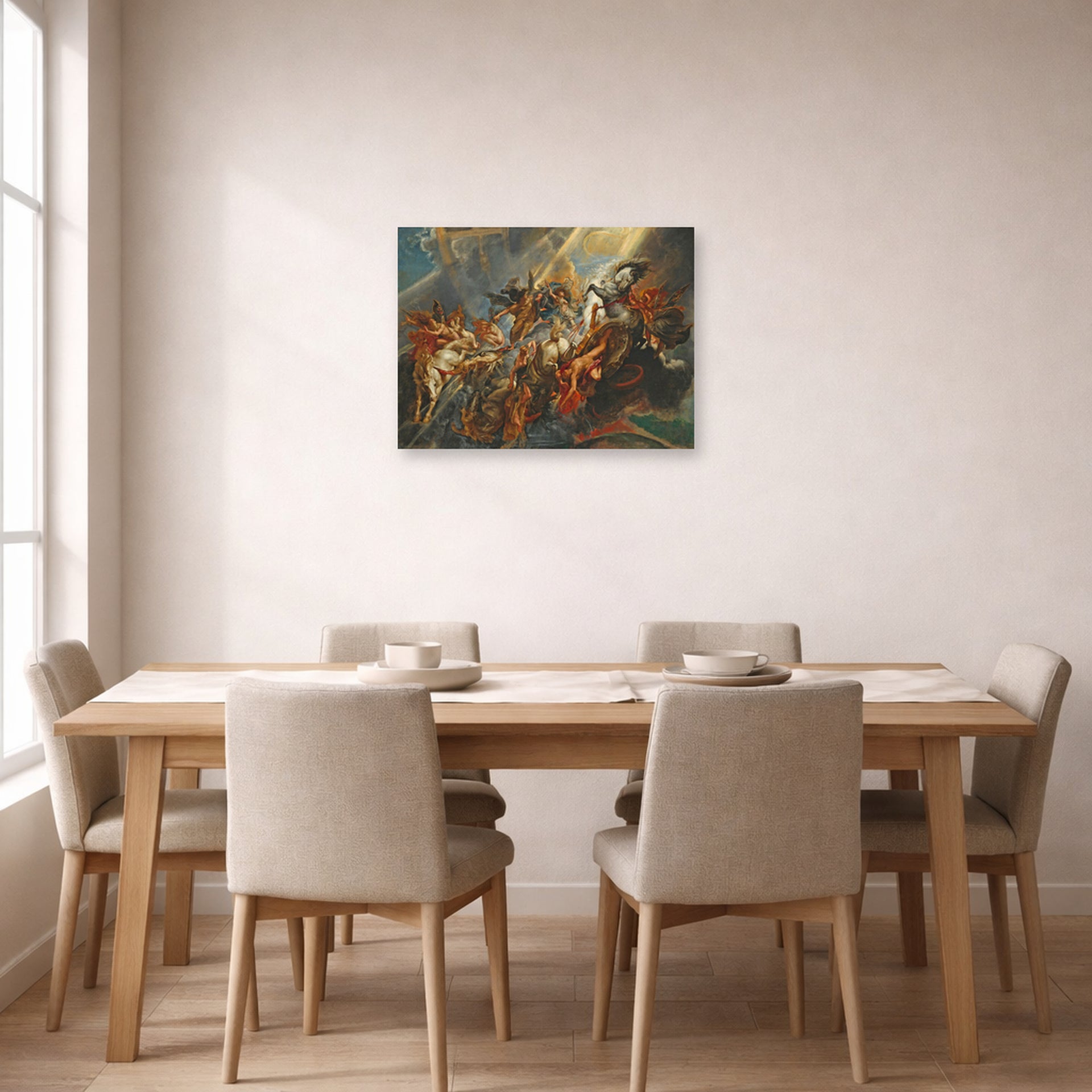 Unframed poster print of Peter Paul Rubens' 'The Fall of Phaeton' displayed on a wall in a dining room