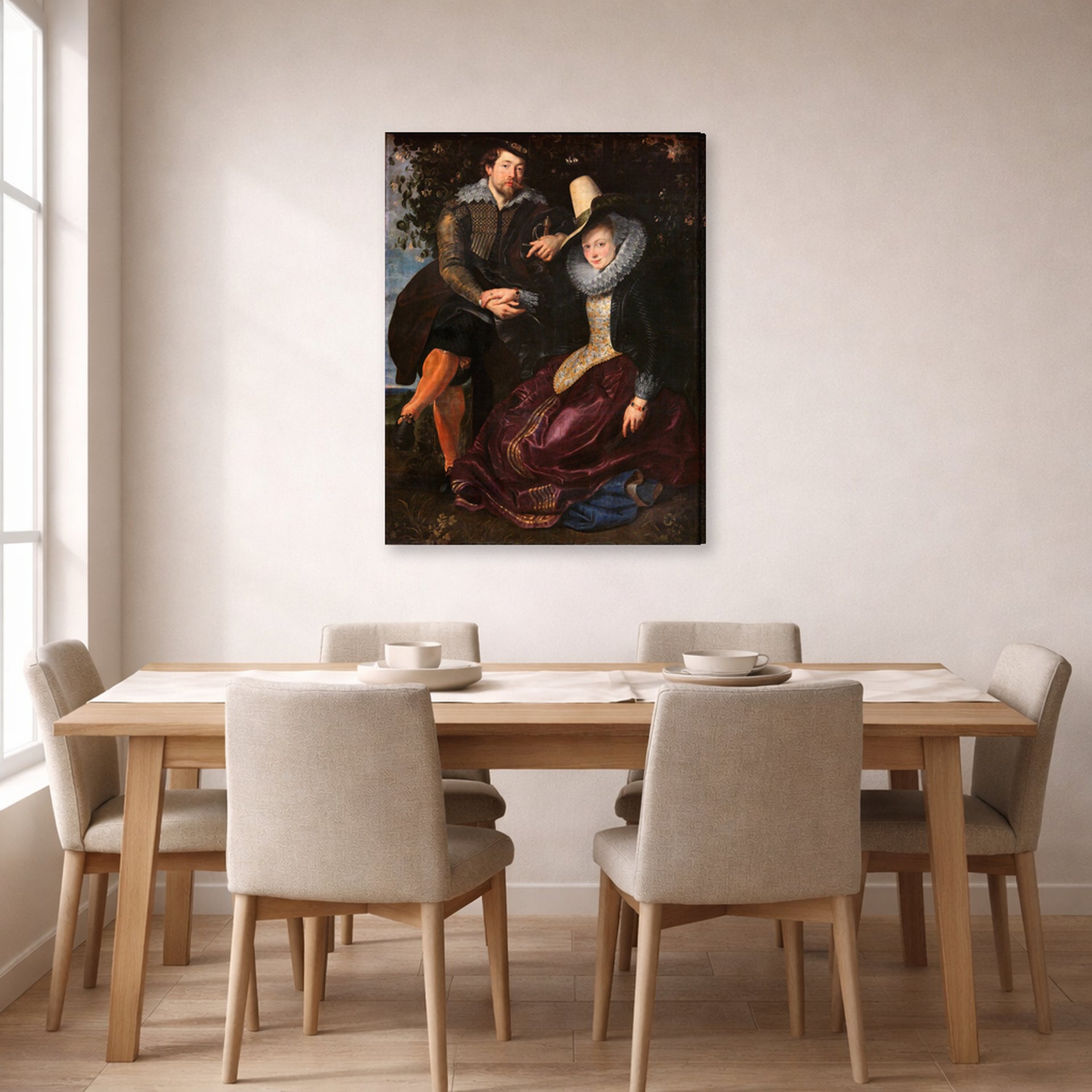Gallery-wrapped canvas print of Peter Paul Rubens' 'The Honeysuckle Bower' displayed on a wall in a dining room