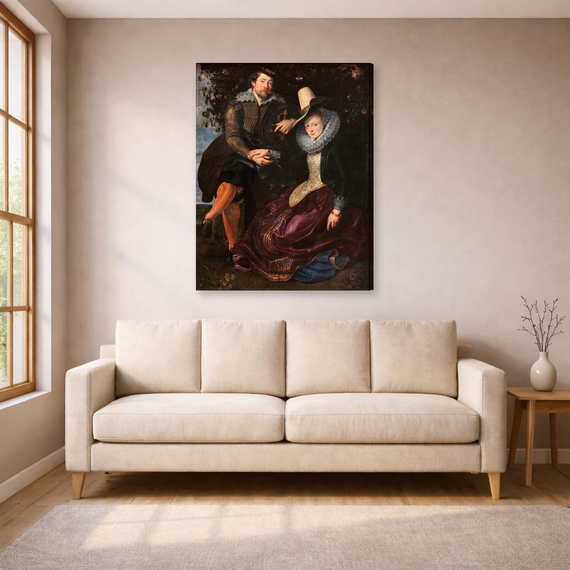 Gallery-wrapped canvas print of Peter Paul Rubens' 'The Honeysuckle Bower' displayed on a wall in a living room (image 1 of 2)