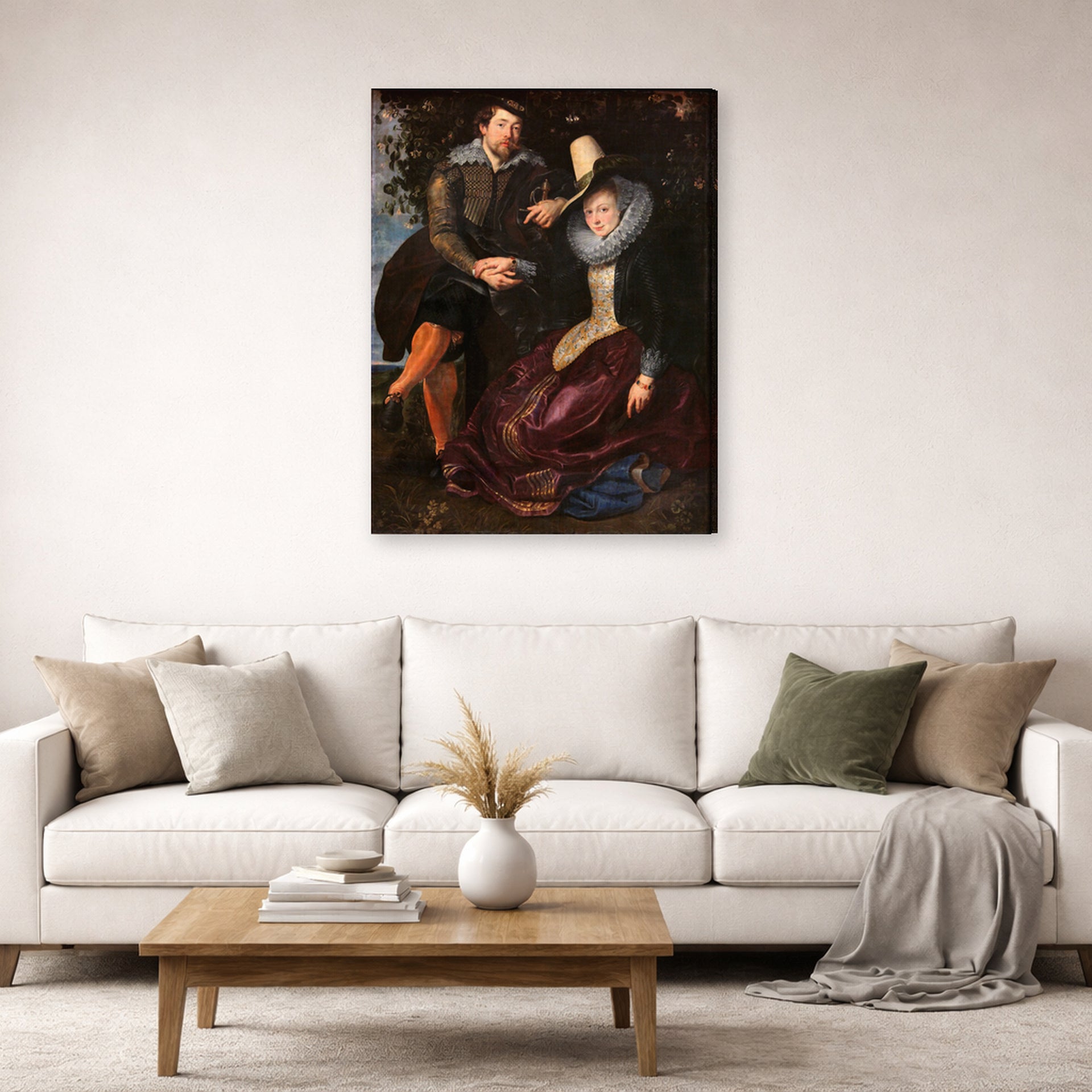 Gallery-wrapped canvas print of Peter Paul Rubens' 'The Honeysuckle Bower' displayed on a wall in a living room (image 2 of 2)
