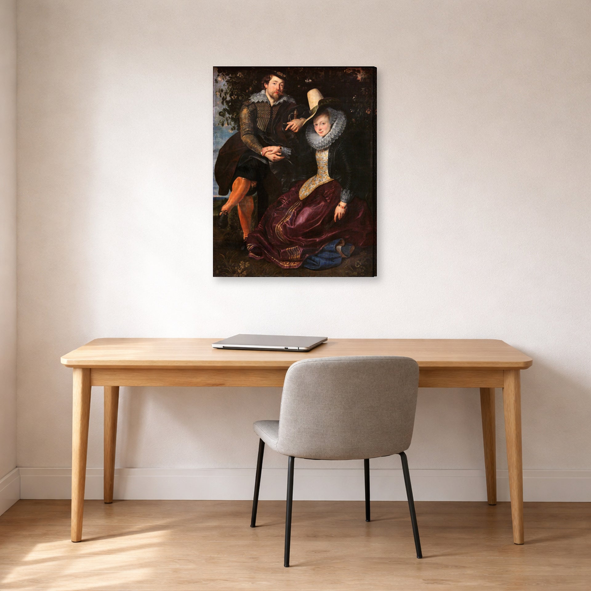 Gallery-wrapped canvas print of Peter Paul Rubens' 'The Honeysuckle Bower' displayed on a wall in an office