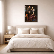 Unframed poster print of Peter Paul Rubens' 'The Honeysuckle Bower' displayed on a wall in a bedroom