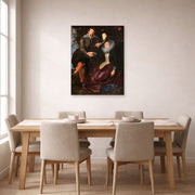 Unframed poster print of Peter Paul Rubens' 'The Honeysuckle Bower' displayed on a wall in a dining room
