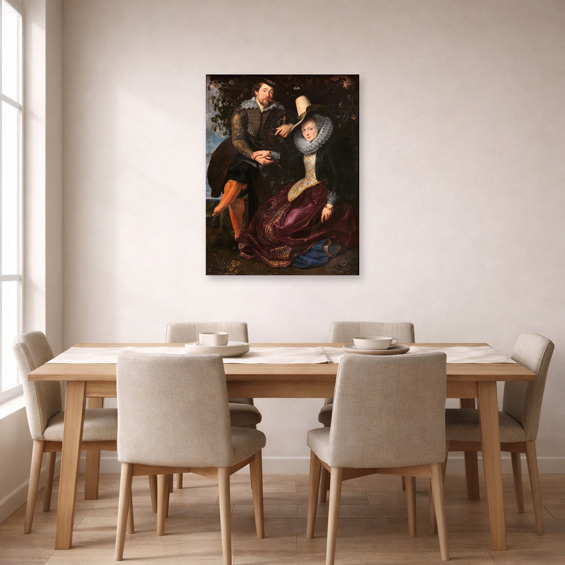 Unframed poster print of Peter Paul Rubens' 'The Honeysuckle Bower' displayed on a wall in a dining room