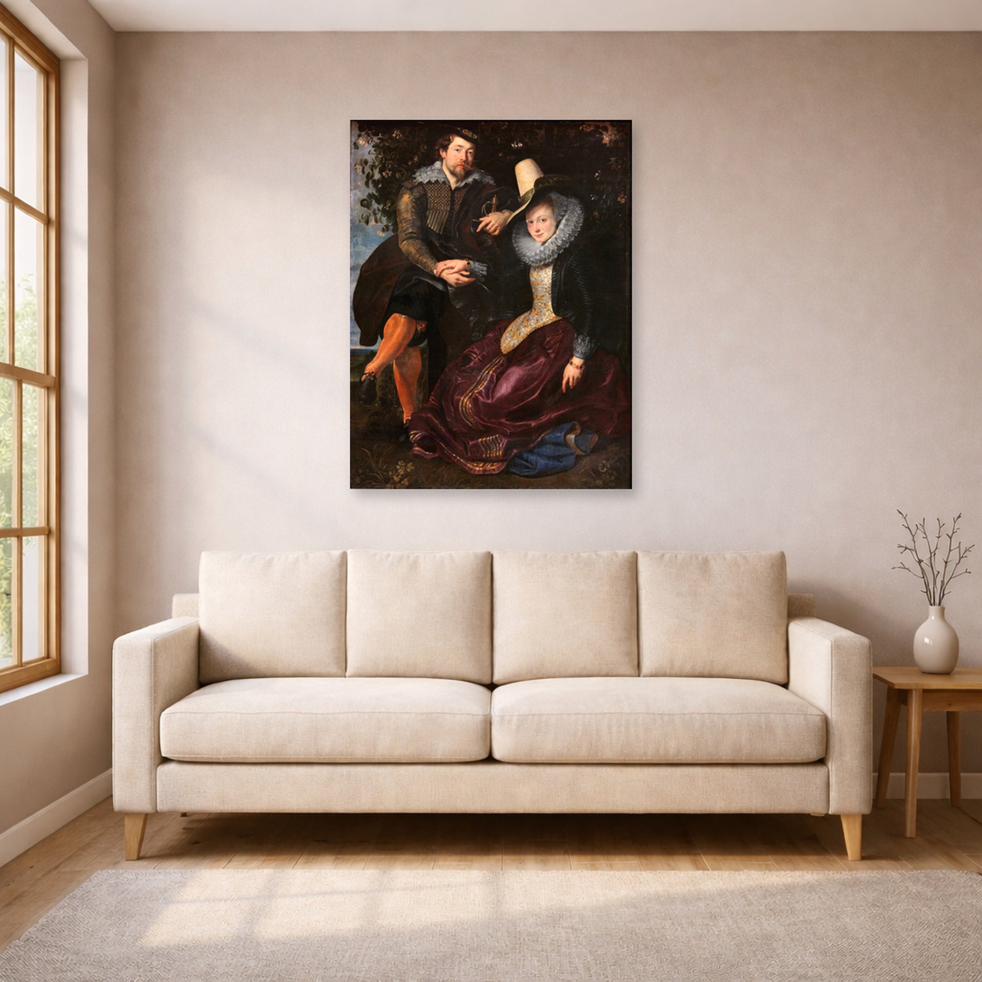 Unframed poster print of Peter Paul Rubens' 'The Honeysuckle Bower' displayed on a wall in a living room (image 1 of 2)