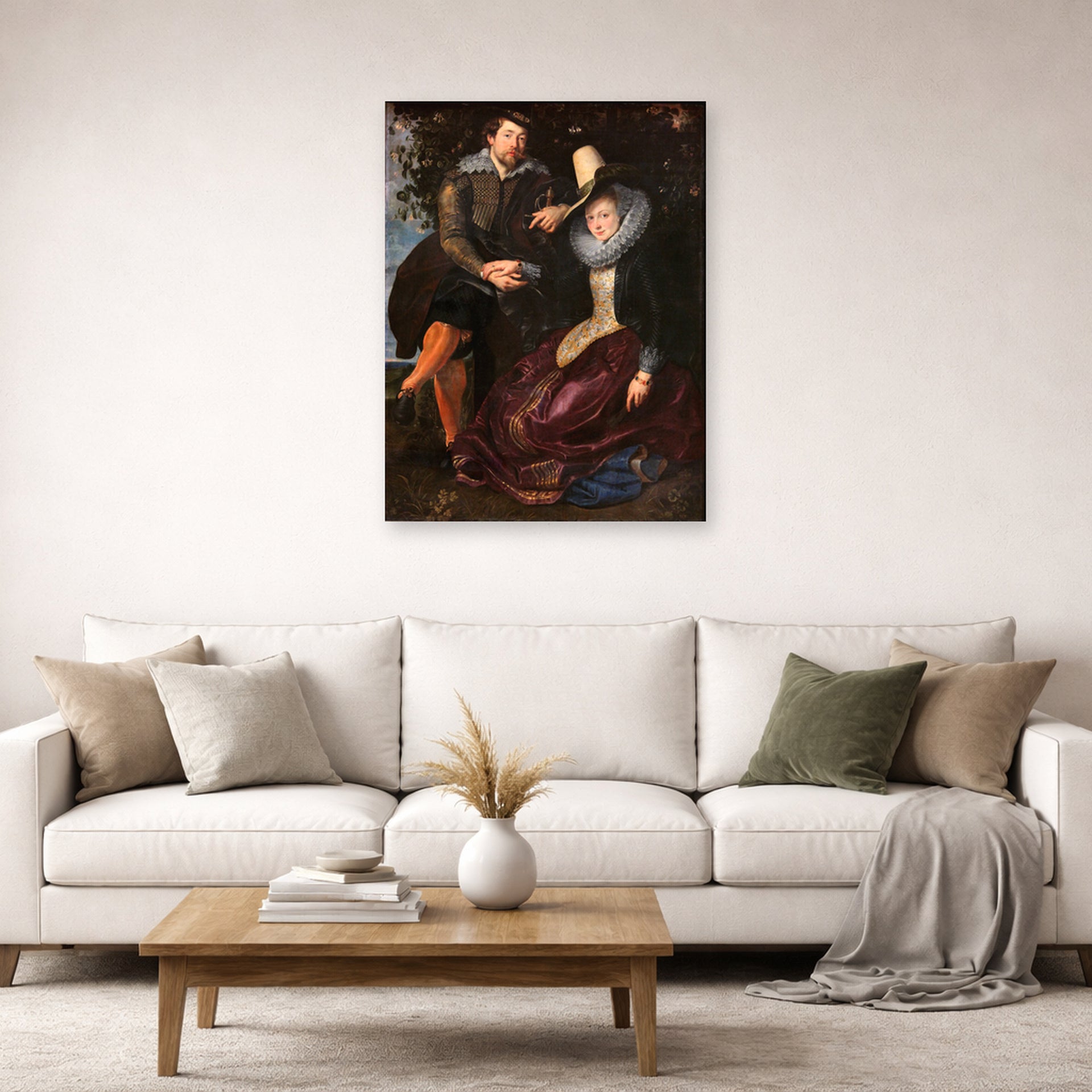 Unframed poster print of Peter Paul Rubens' 'The Honeysuckle Bower' displayed on a wall in a living room (image 2 of 2)