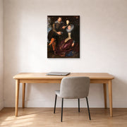 Unframed poster print of Peter Paul Rubens' 'The Honeysuckle Bower' displayed on a wall in an office
