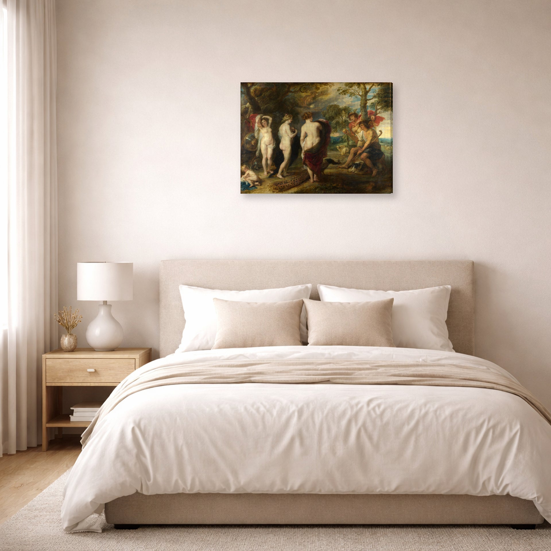 Gallery-wrapped canvas print of Peter Paul Rubens' 'The Judgement of Paris' displayed on a wall in a bedroom