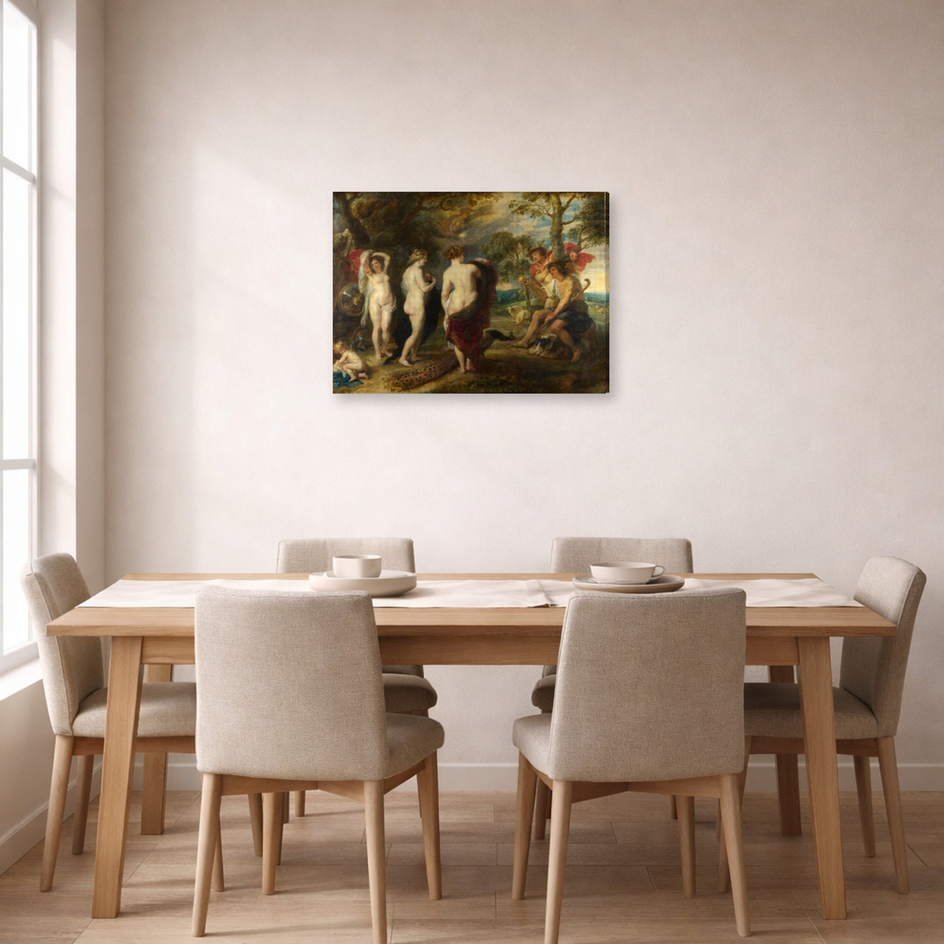 Gallery-wrapped canvas print of Peter Paul Rubens' 'The Judgement of Paris' displayed on a wall in a dining room