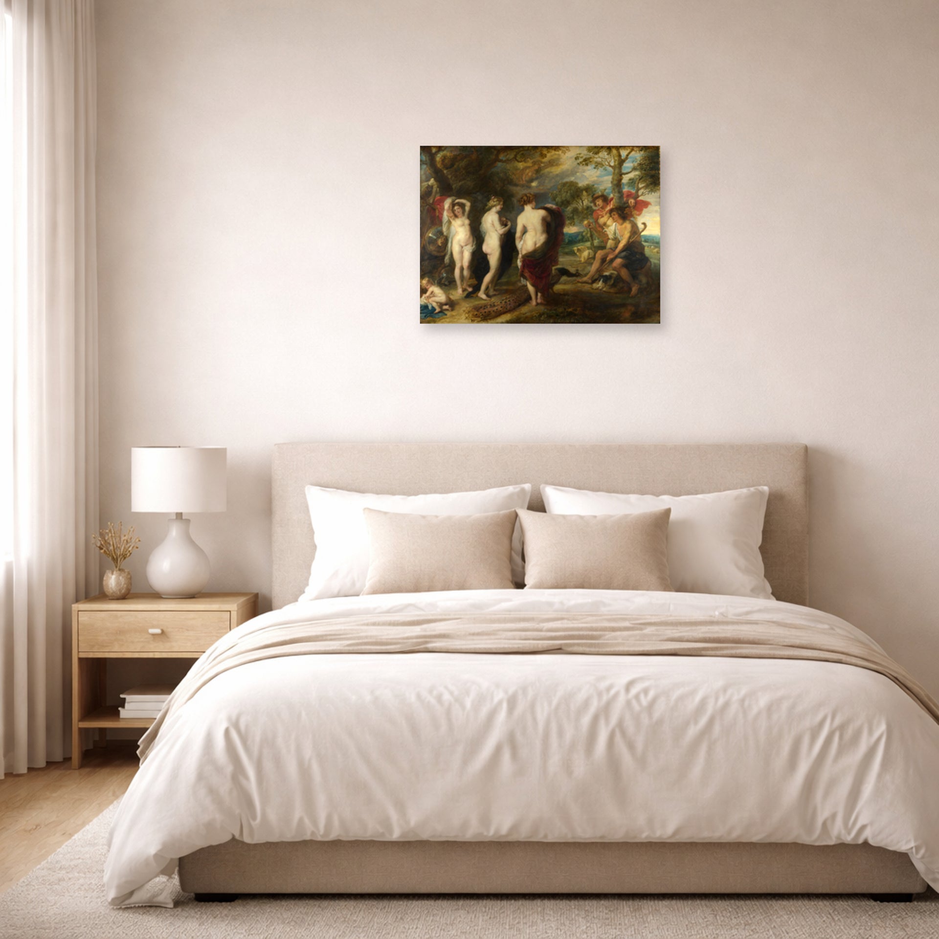 Unframed poster print of Peter Paul Rubens' 'The Judgement of Paris' displayed on a wall in a bedroom
