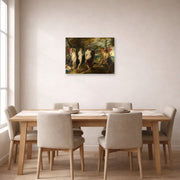 Unframed poster print of Peter Paul Rubens' 'The Judgement of Paris' displayed on a wall in a dining room