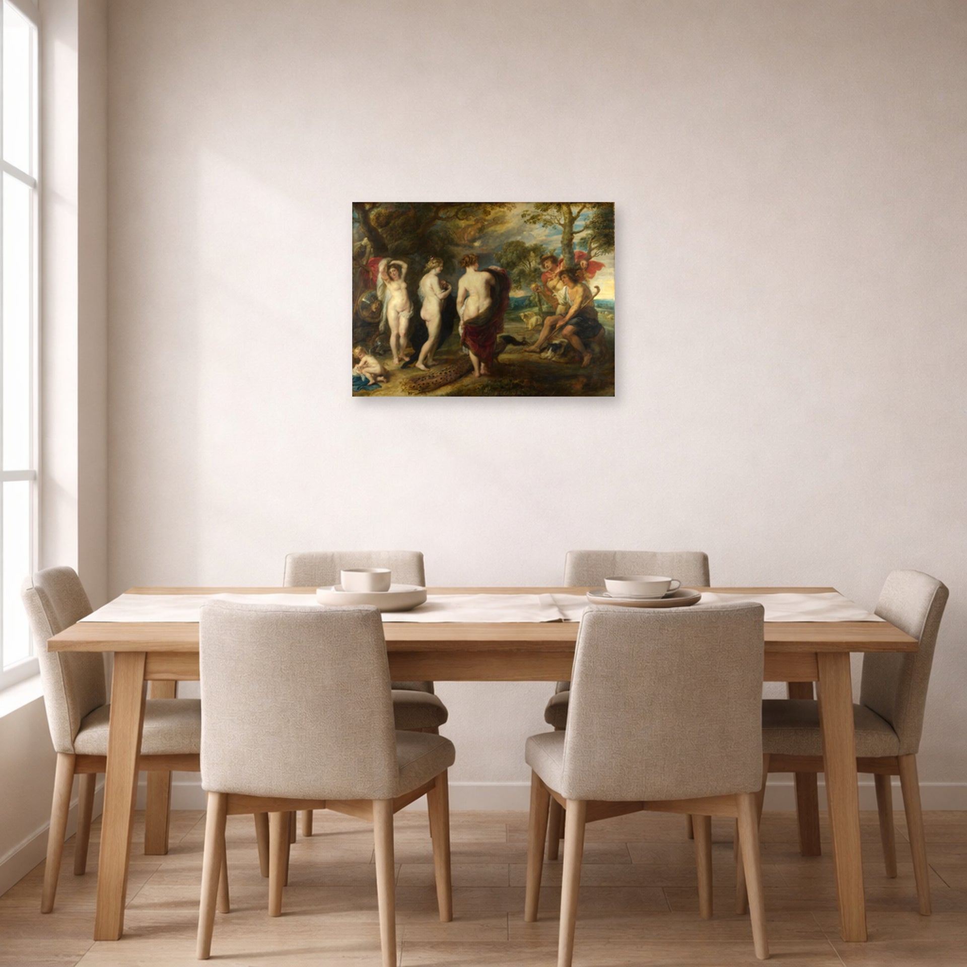 Unframed poster print of Peter Paul Rubens' 'The Judgement of Paris' displayed on a wall in a dining room