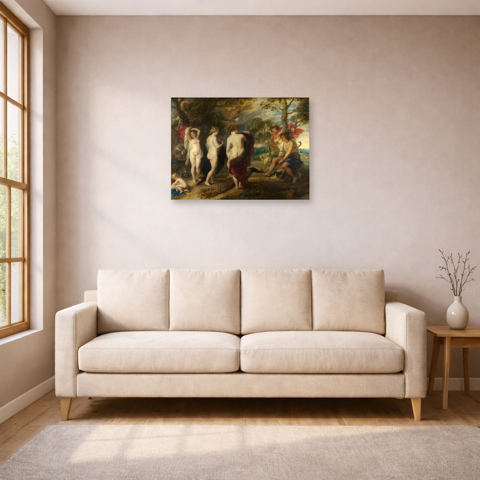 Unframed poster print of Peter Paul Rubens' 'The Judgement of Paris' displayed on a wall in a living room (image 1 of 2)