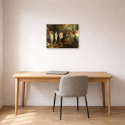 Unframed poster print of Peter Paul Rubens' 'The Judgement of Paris' displayed on a wall in an office