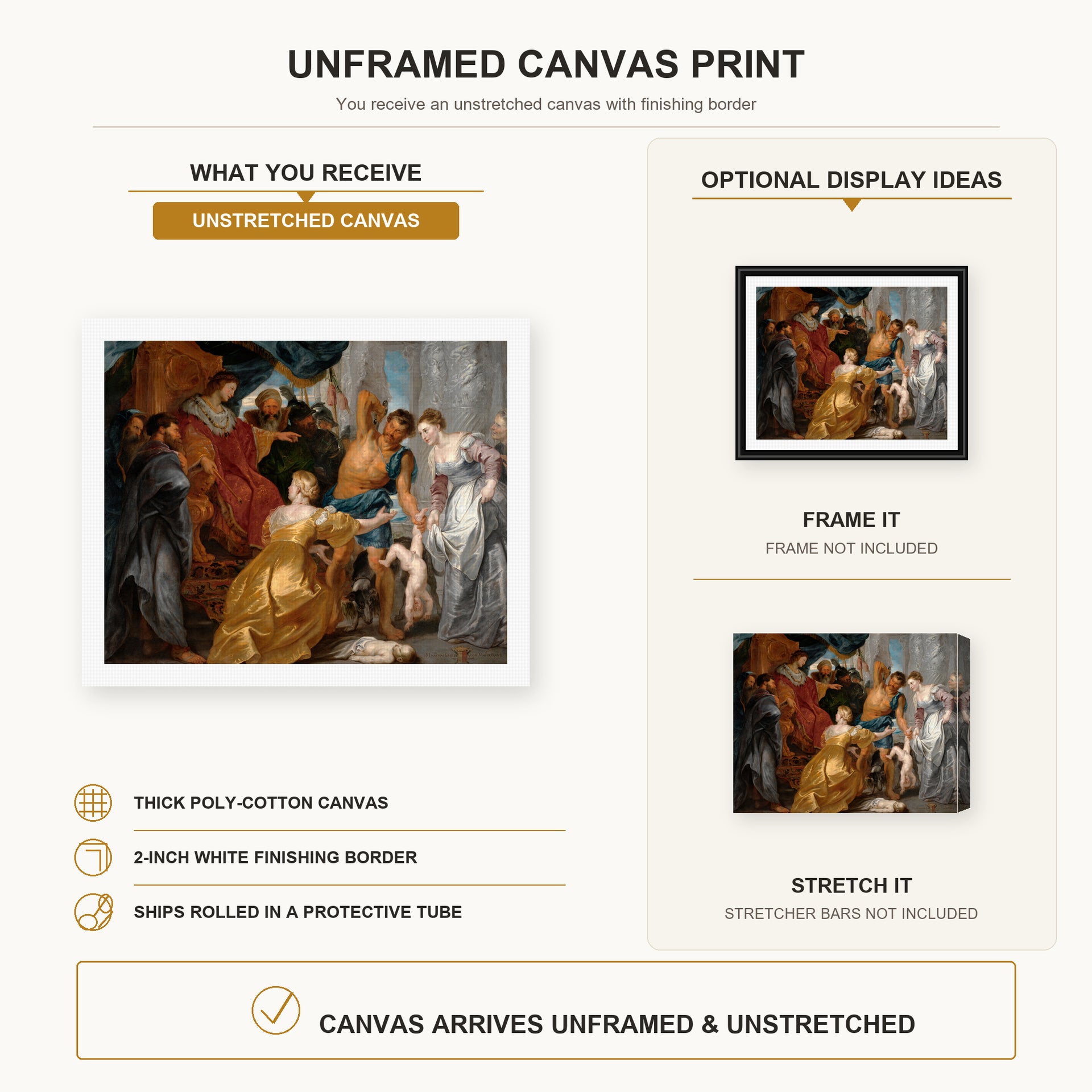 Peter Paul Rubens - The Judgement of Solomon canvas print size comparison and framing display infographic