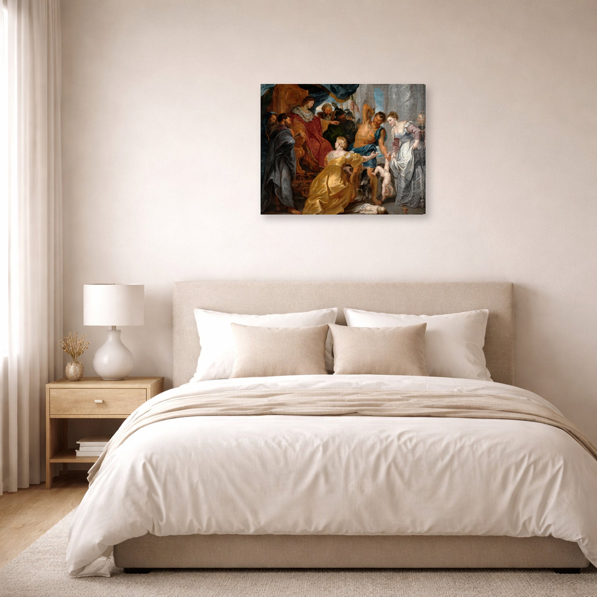 Gallery-wrapped canvas print of Peter Paul Rubens' 'The Judgement of Solomon' displayed on a wall in a bedroom