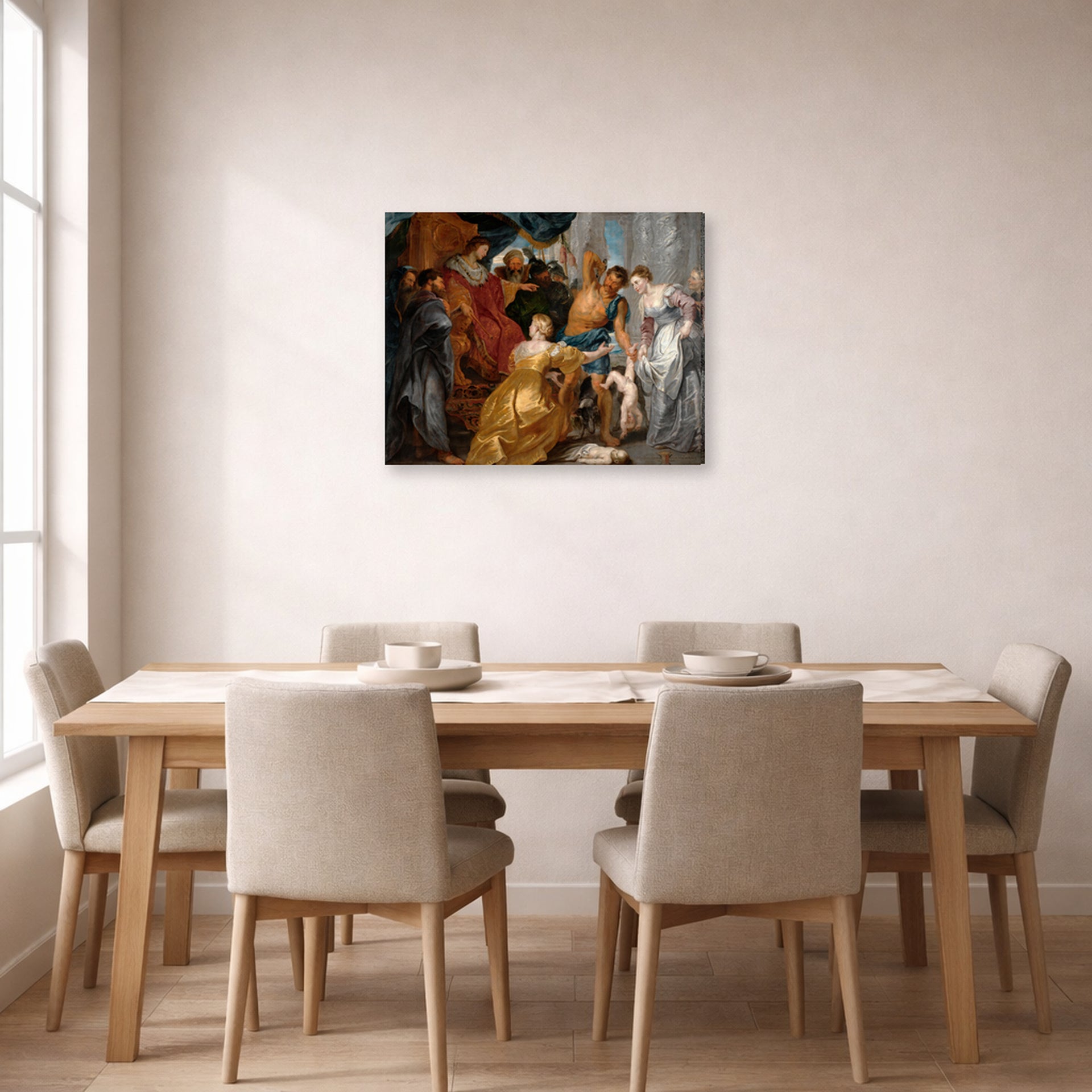 Gallery-wrapped canvas print of Peter Paul Rubens' 'The Judgement of Solomon' displayed on a wall in a dining room