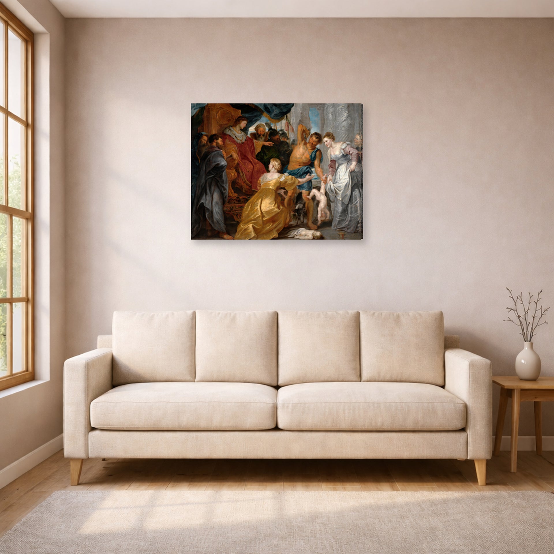 Gallery-wrapped canvas print of Peter Paul Rubens' 'The Judgement of Solomon' displayed on a wall in a living room (image 1 of 2)