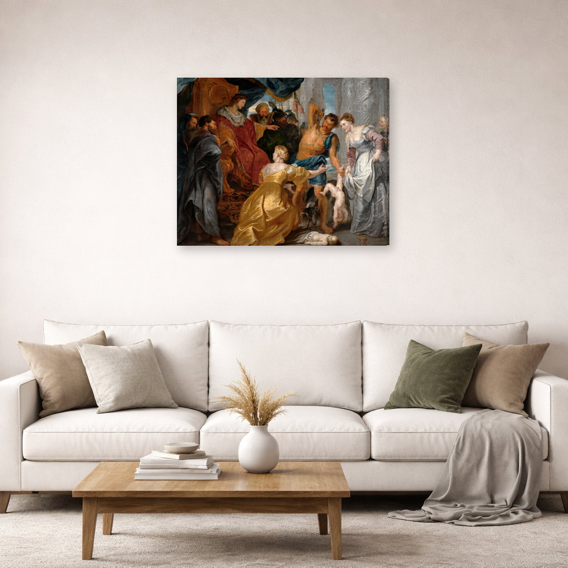 Gallery-wrapped canvas print of Peter Paul Rubens' 'The Judgement of Solomon' displayed on a wall in a living room (image 2 of 2)
