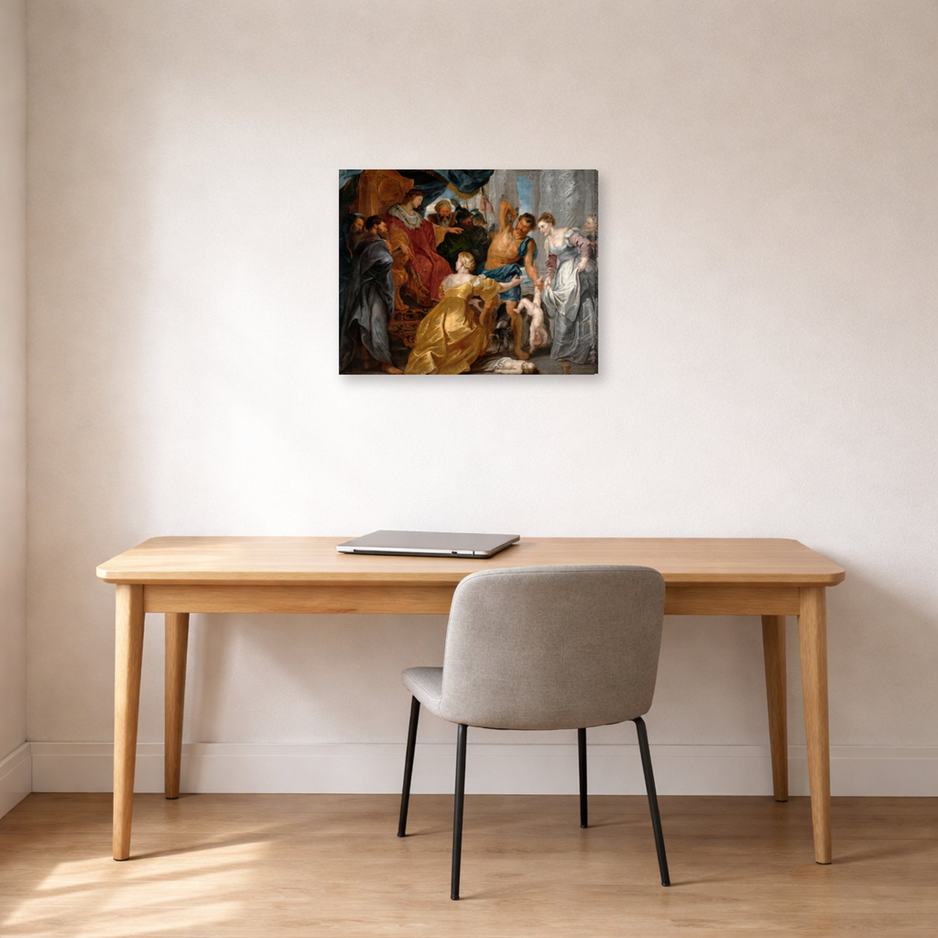 Gallery-wrapped canvas print of Peter Paul Rubens' 'The Judgement of Solomon' displayed on a wall in an office