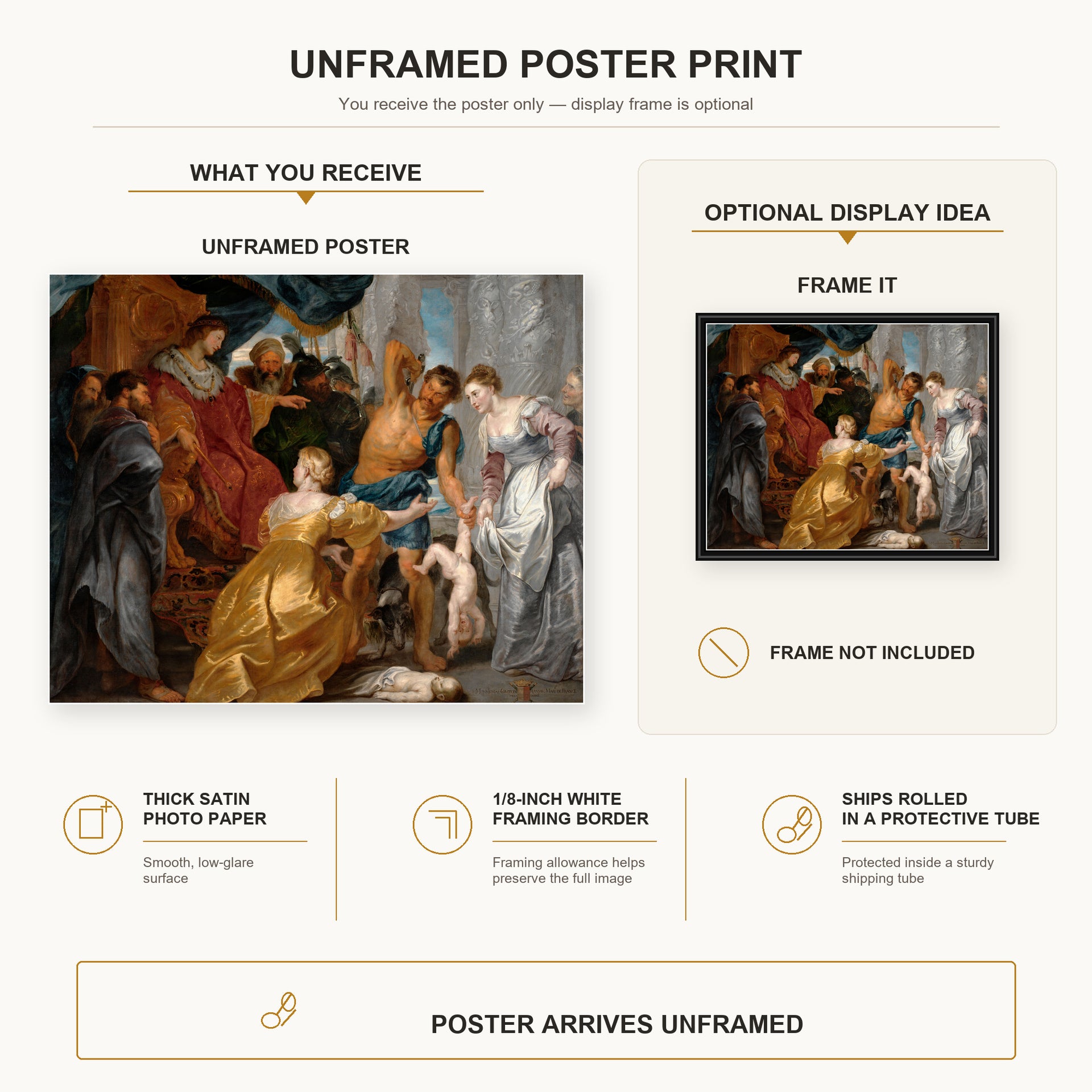 Peter Paul Rubens - The Judgement of Solomon poster print size comparison and framing display infographic