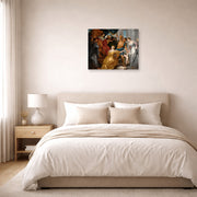 Unframed poster print of Peter Paul Rubens' 'The Judgement of Solomon' displayed on a wall in a bedroom