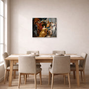 Unframed poster print of Peter Paul Rubens' 'The Judgement of Solomon' displayed on a wall in a dining room