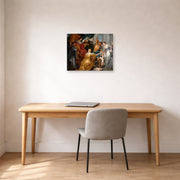 Unframed poster print of Peter Paul Rubens' 'The Judgement of Solomon' displayed on a wall in an office
