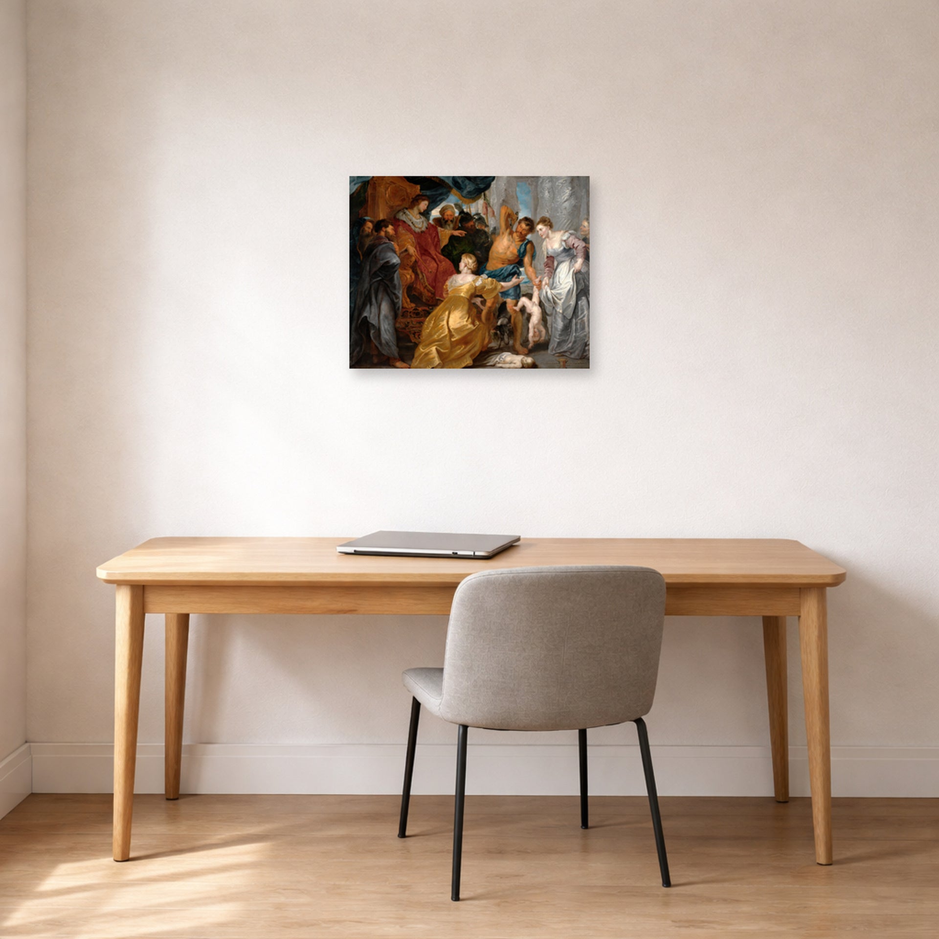 Unframed poster print of Peter Paul Rubens' 'The Judgement of Solomon' displayed on a wall in an office