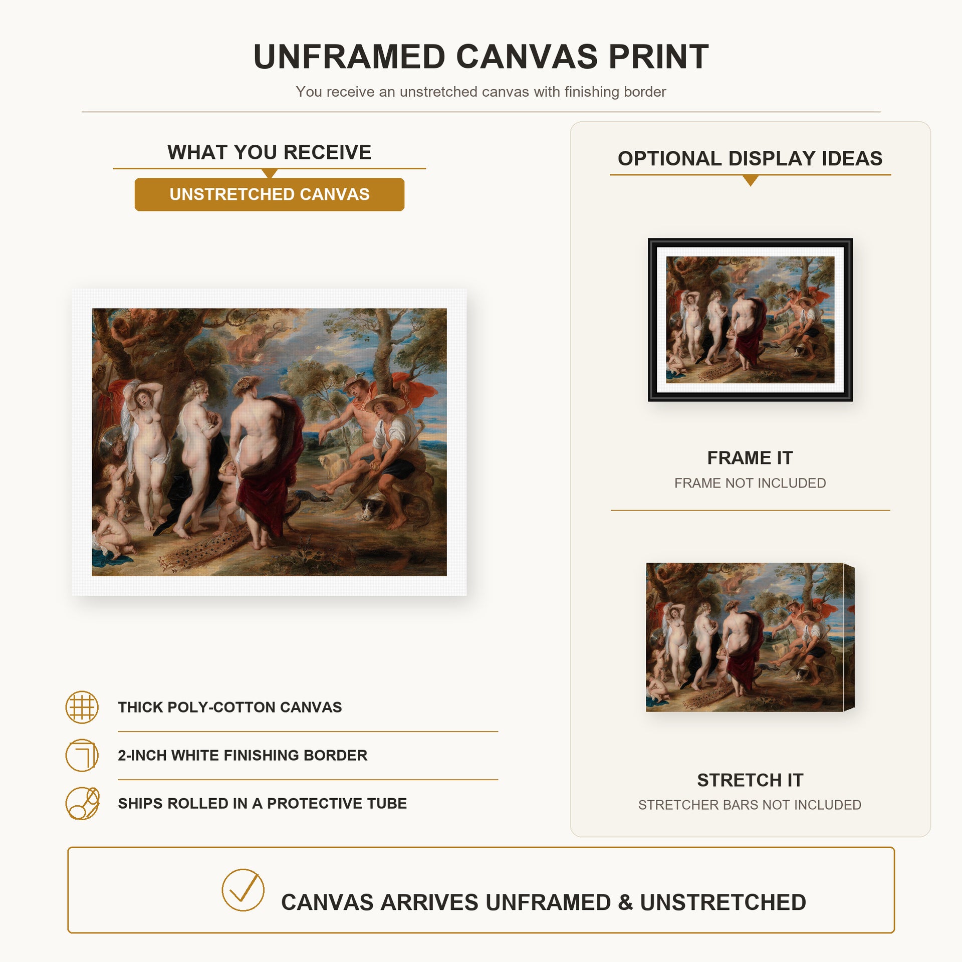 Peter Paul Rubens - The Judgment of Paris (1636) canvas print size comparison and framing display infographic