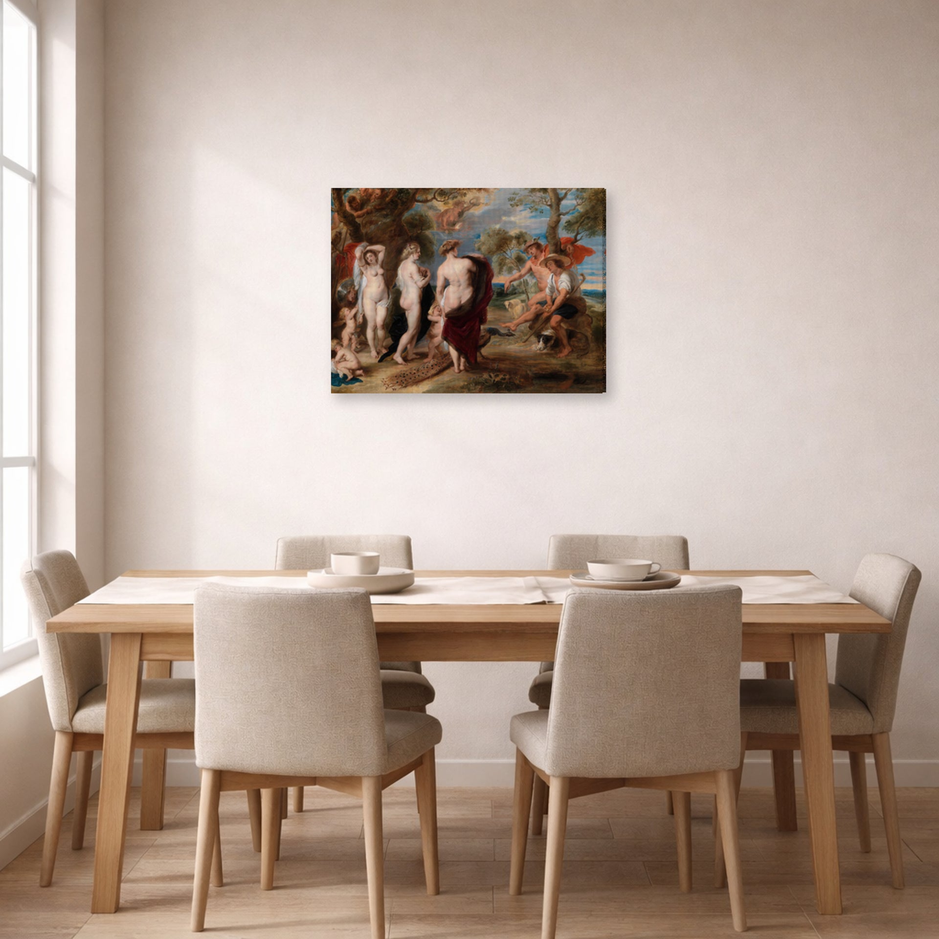 Gallery-wrapped canvas print of Peter Paul Rubens' 'The Judgment of Paris (1636)' displayed on a wall in a dining room
