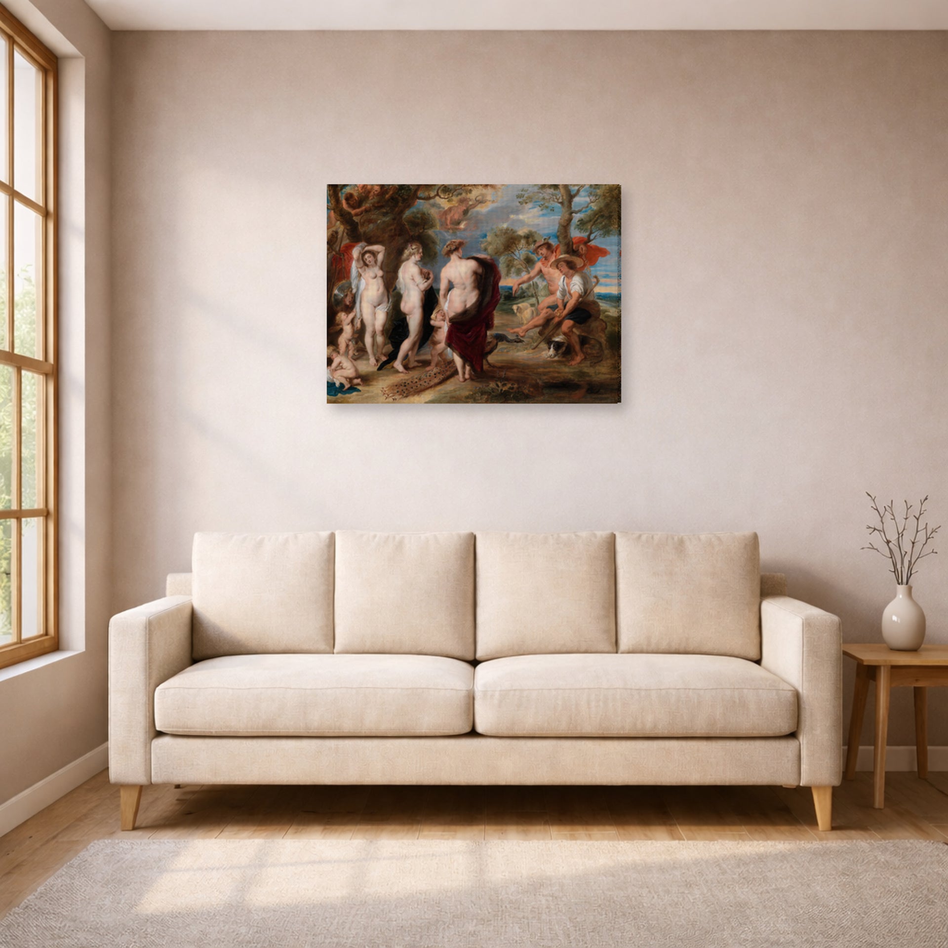 Gallery-wrapped canvas print of Peter Paul Rubens' 'The Judgment of Paris (1636)' displayed on a wall in a living room (image 1 of 2)