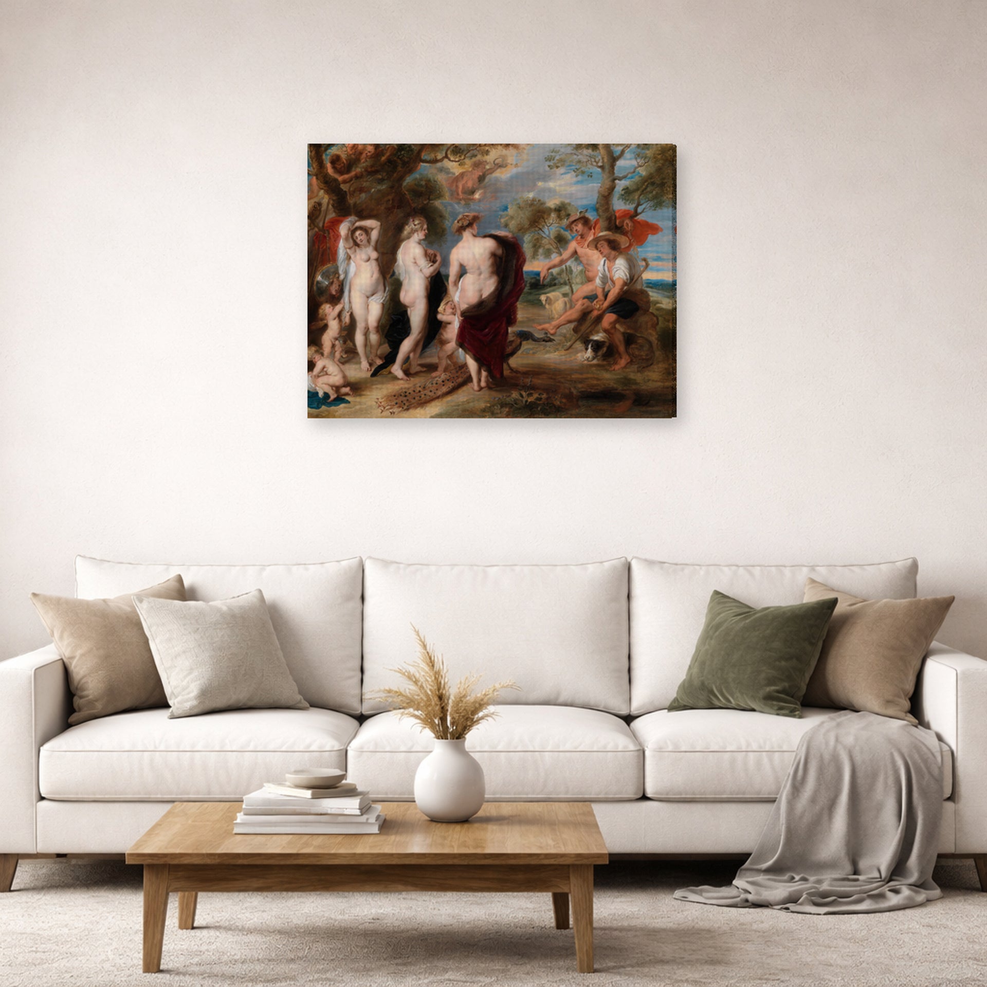 Gallery-wrapped canvas print of Peter Paul Rubens' 'The Judgment of Paris (1636)' displayed on a wall in a living room (image 2 of 2)
