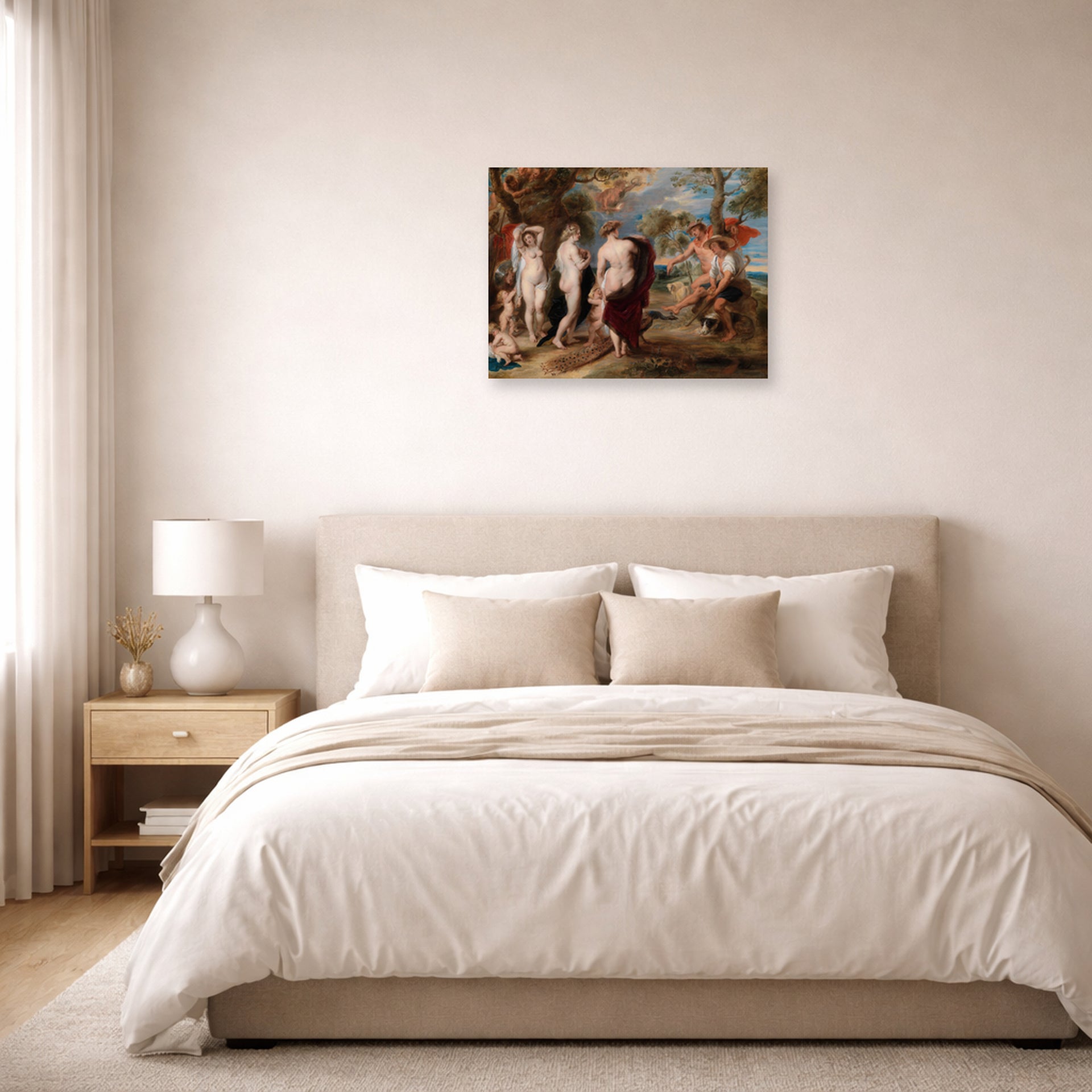 Unframed poster print of Peter Paul Rubens' 'The Judgment of Paris (1636)' displayed on a wall in a bedroom