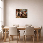 Unframed poster print of Peter Paul Rubens' 'The Judgment of Paris (1636)' displayed on a wall in a dining room