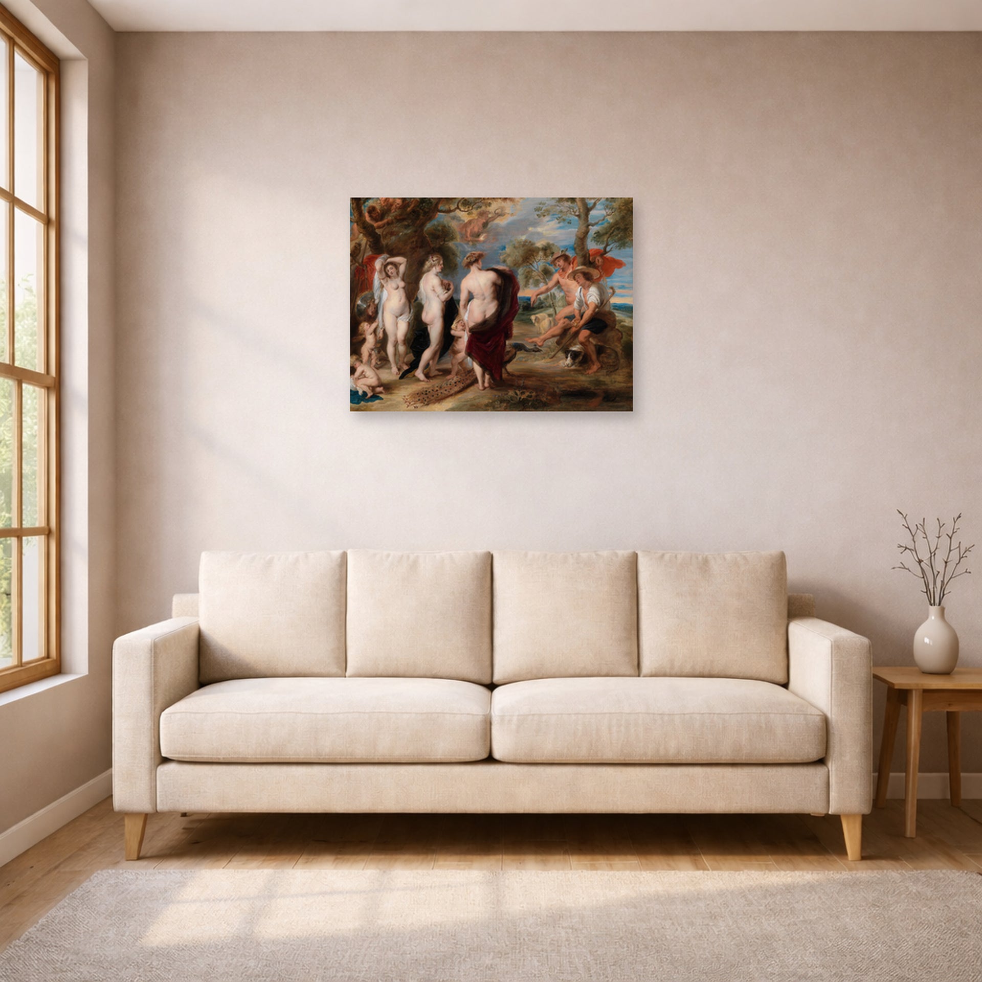 Unframed poster print of Peter Paul Rubens' 'The Judgment of Paris (1636)' displayed on a wall in a living room (image 1 of 2)