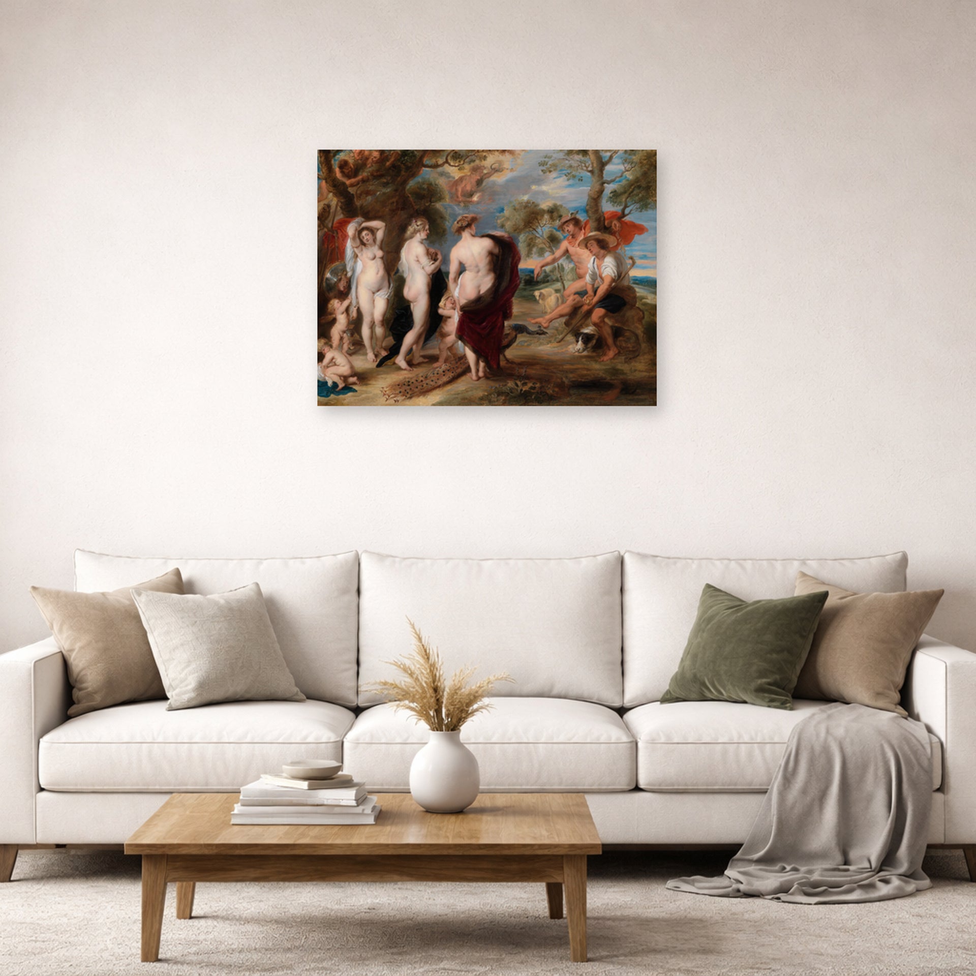 Unframed poster print of Peter Paul Rubens' 'The Judgment of Paris (1636)' displayed on a wall in a living room (image 2 of 2)